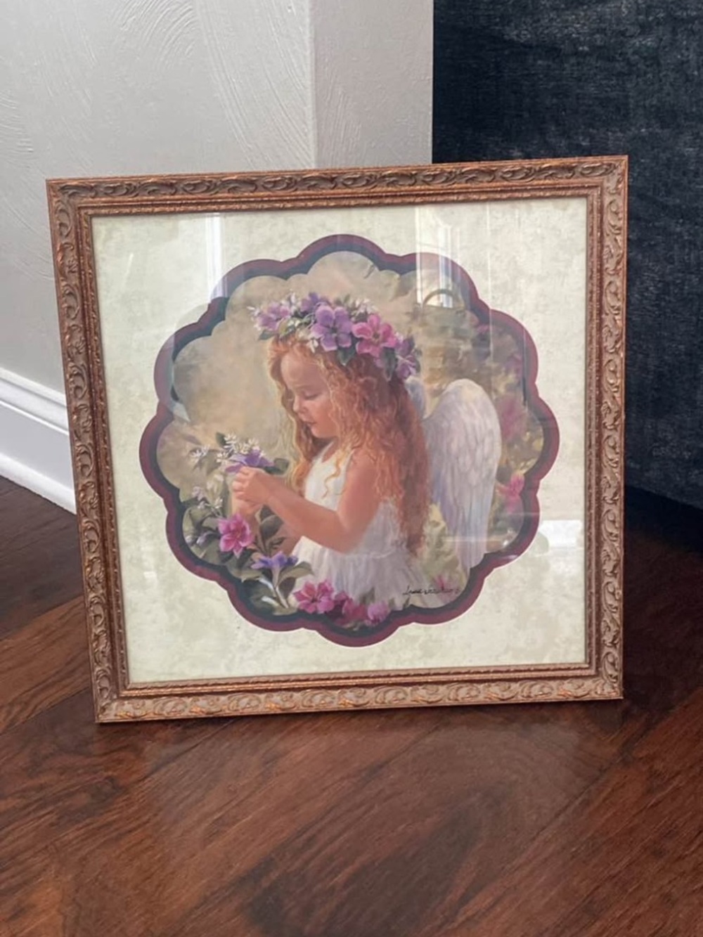 Vintage Framed Angel Girl Floral Print - Purple & White Laura snow hein